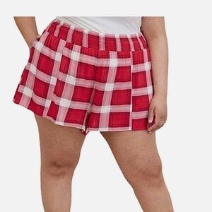 Torrid Plaid High Rise Smocked Waist Gauze Shorts-Red-Women 2X